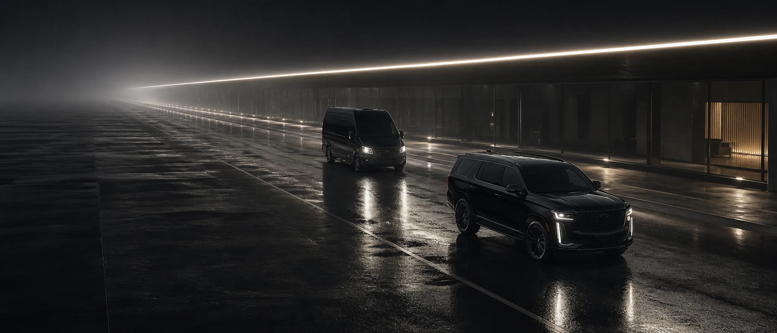 A black Cadillac Escalade followed by a black Mercedes-Benz Sprinter van driving along a wet apron at night, with hazy city lights on the horizon.