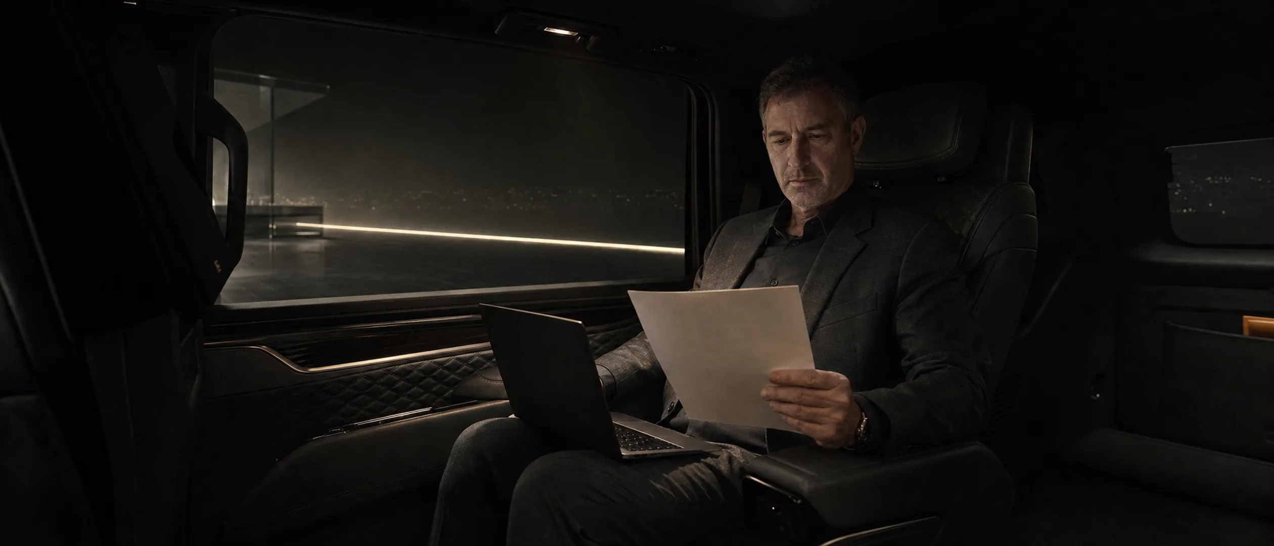 A man in a suit reads a printed page beside an open laptop in the back seat of a black vehicle, city lights outside.