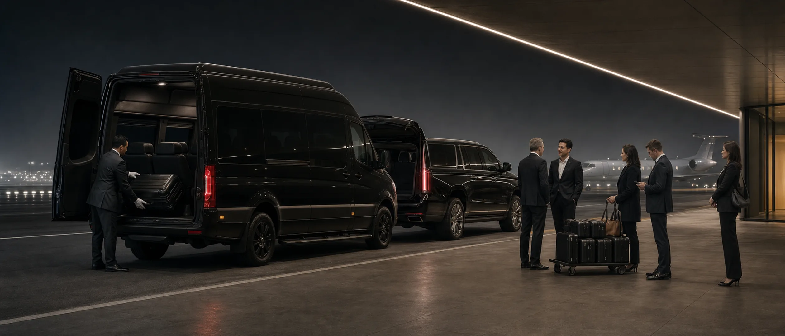 A chauffeur loads luggage into a black Mercedes-Benz Sprinter van beside a Cadillac Escalade as travelers greet on a lit night tarmac, a private jet parked behind.