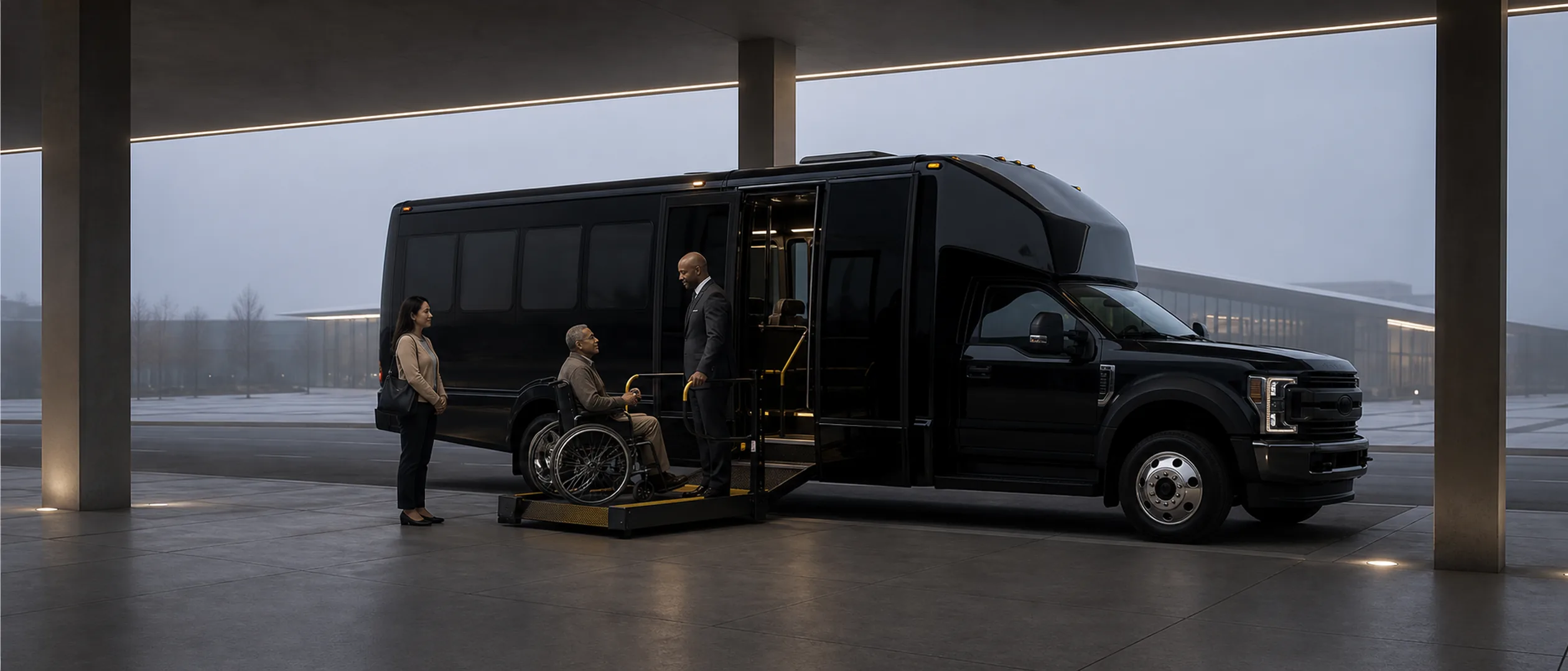 A driver assists a man in a wheelchair up a lift into a black Ford F-550 mini-coach as a woman waits nearby on a foggy morning.