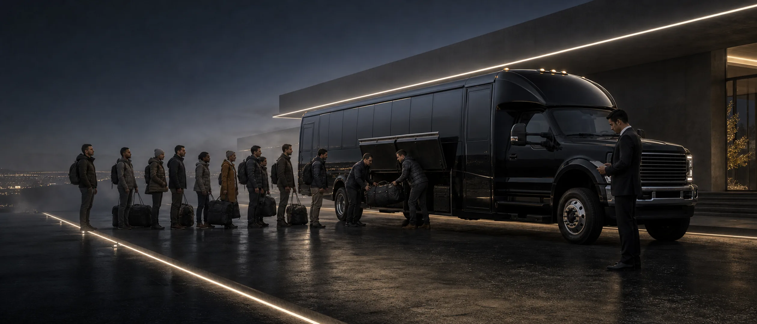 Men with shoulder bags line up at night above a hillside city skyline, boarding a black Ford mini-coach as staff load luggage under lit eaves.
