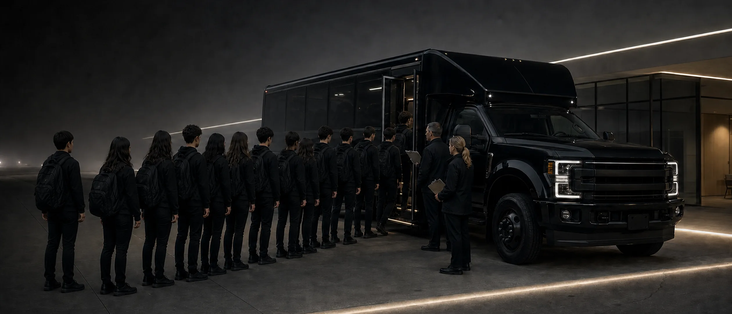 Teenagers with backpacks line up to board a black Ford F-550 mini-coach at night while two staff members with a clipboard supervise.