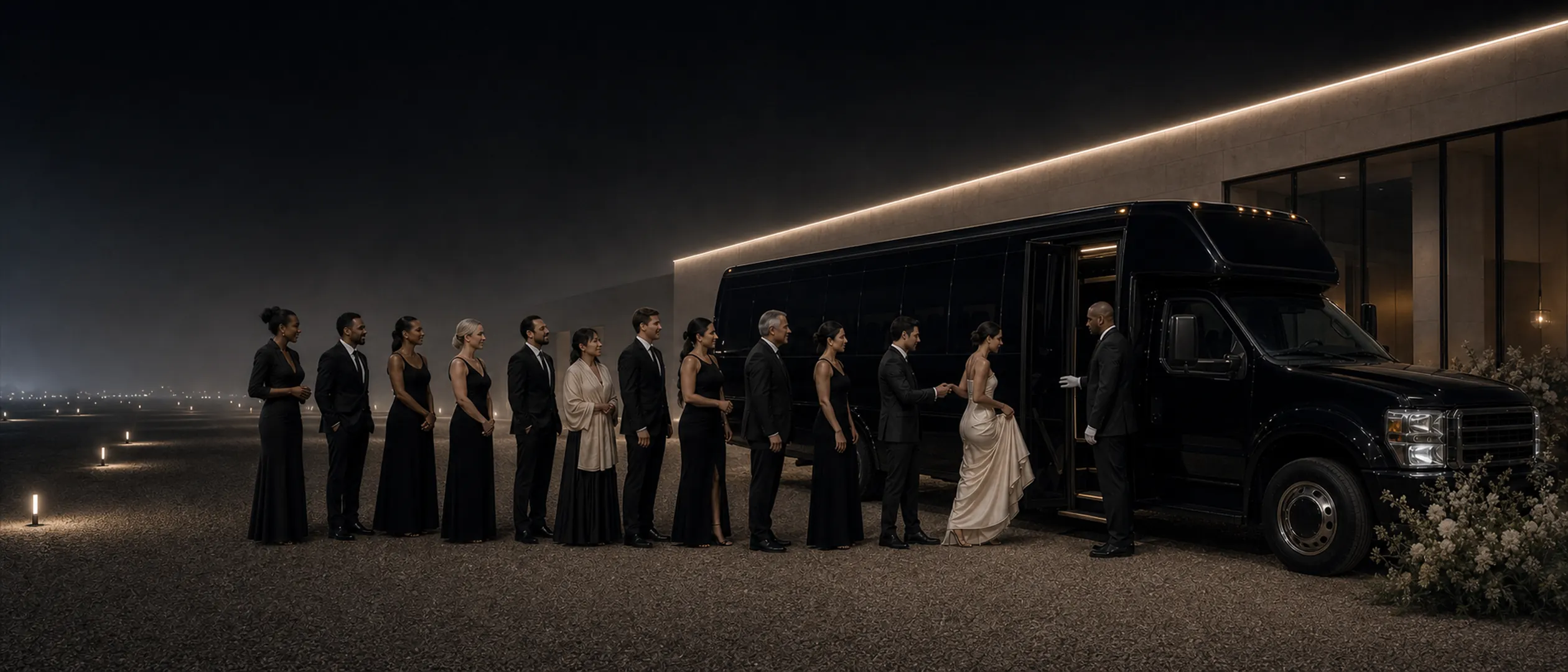At night, a bride and groom board a black Ford F-550 mini-coach as guests in formal black attire line up beside it near a modern building on a lit desert road.